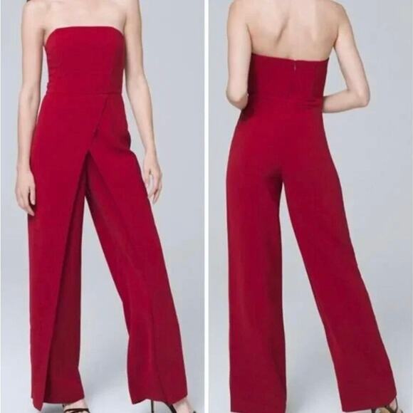 White House Black Market Pants - White House Black Market holiday red wine strapless split leg jumpsuit size 8